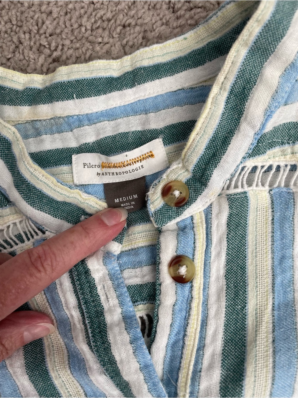 Pilcro by Anthropologie Blue Green Striped Linen Blend Henley Top - Picture 2 of 4